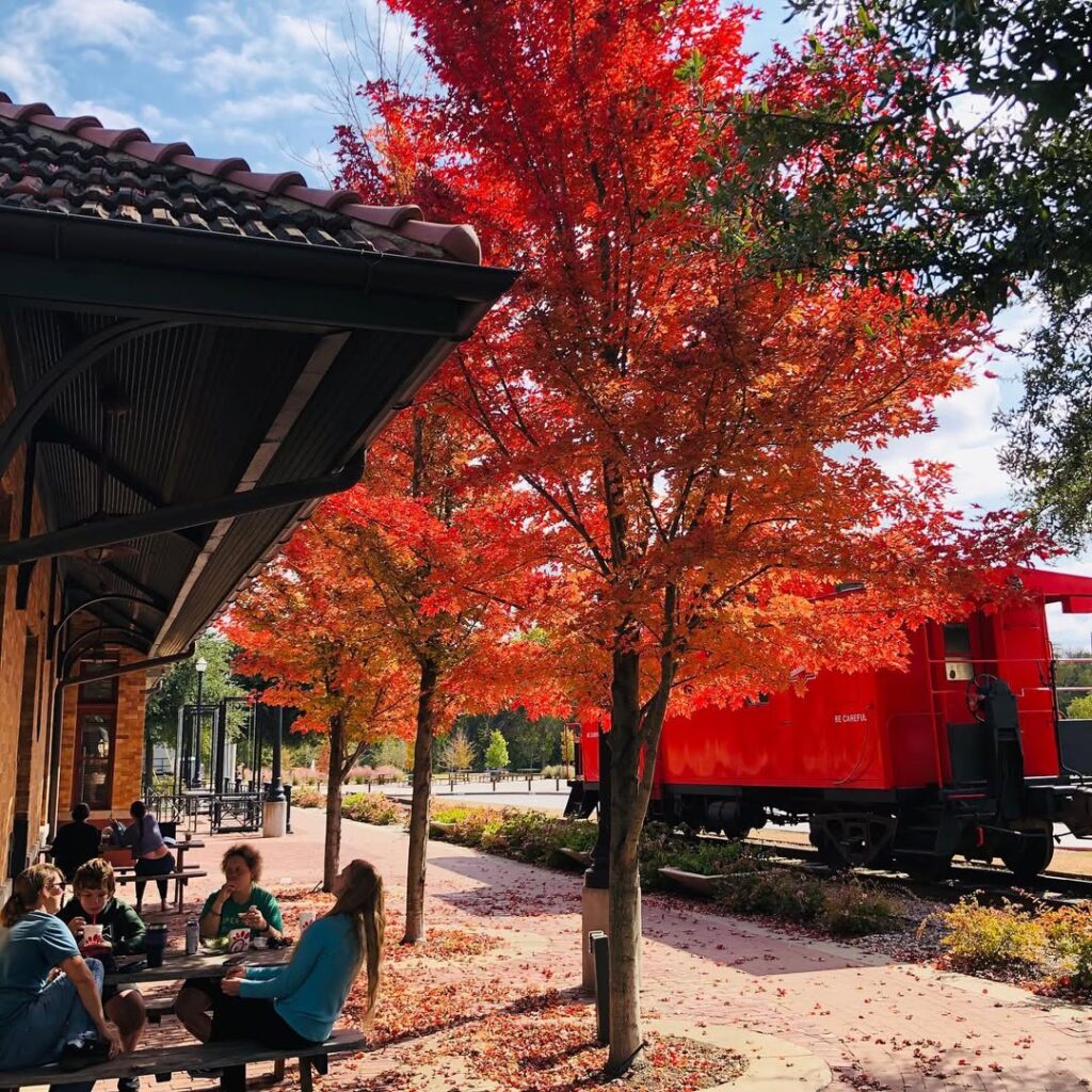 Red fall tree next to a historic train depot