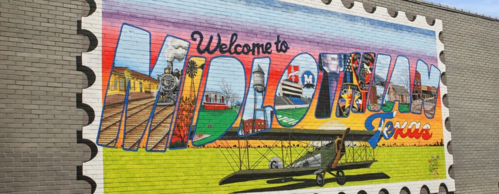 Colorful Welcome to Texas postcard mural
